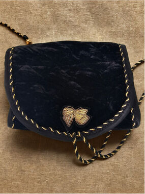 Secret Garden Vintage Black Velvet Pouch With Gold Cord Trim & Bow Accent Bag